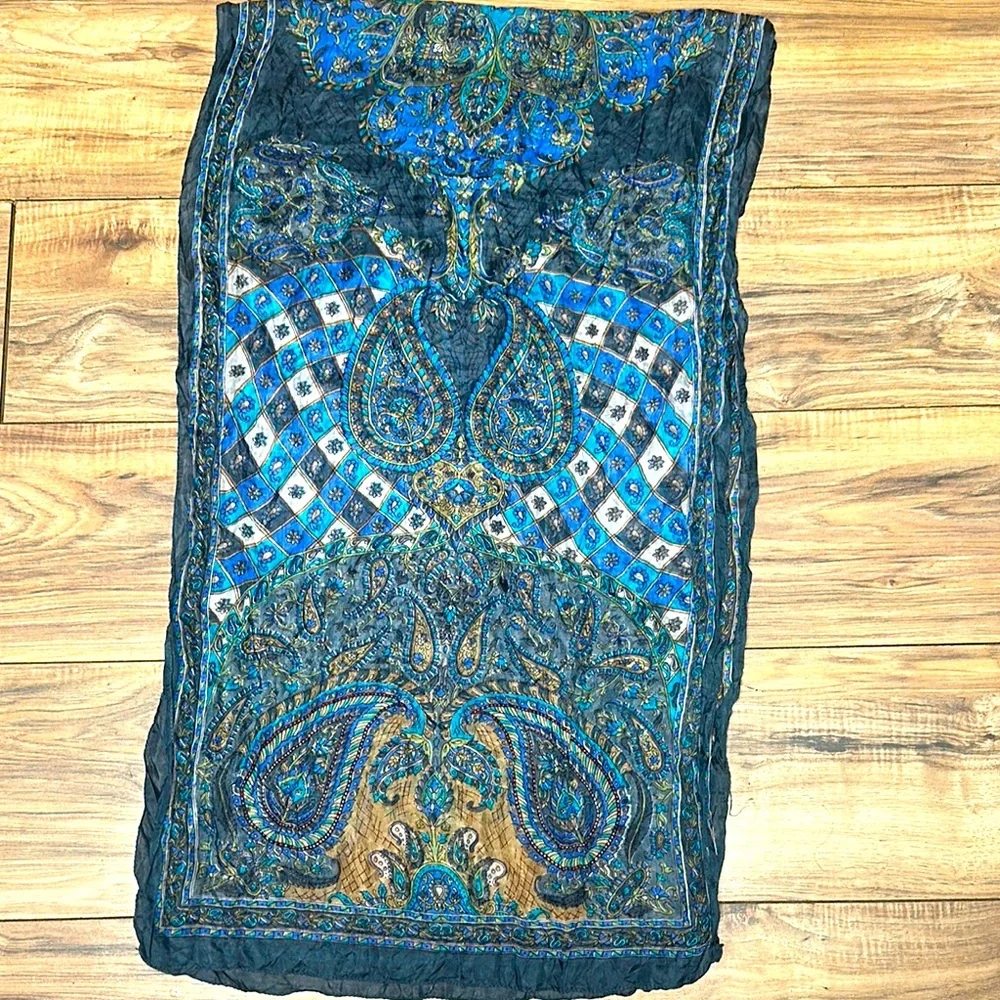 Elegant Blue Paisley 100% silk Scarf. Size 64” x 17” approx.